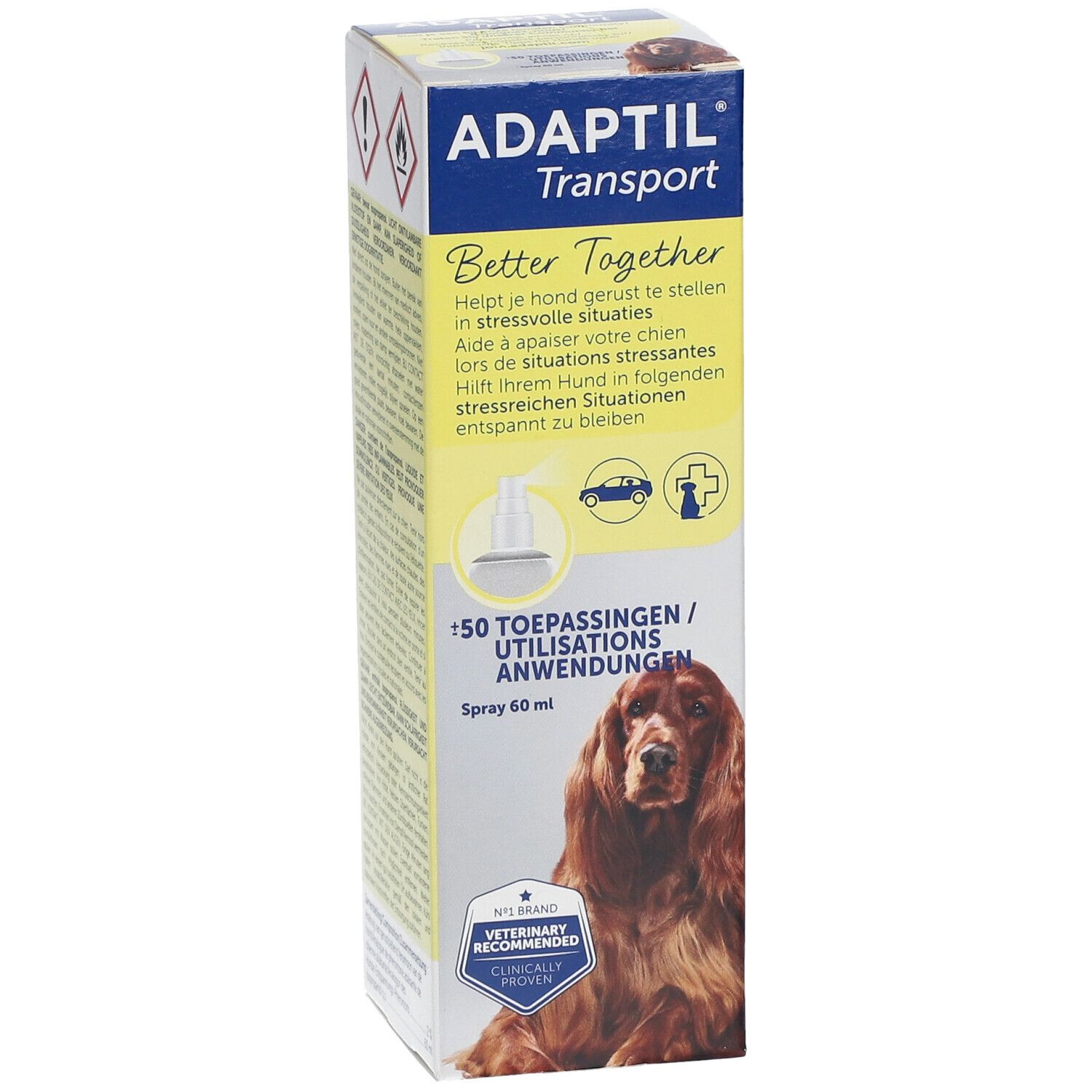 Emballage du spray ADAPTIL® Transport. Contient un flacon de spray de 60 ml. Avec logo et slogan.