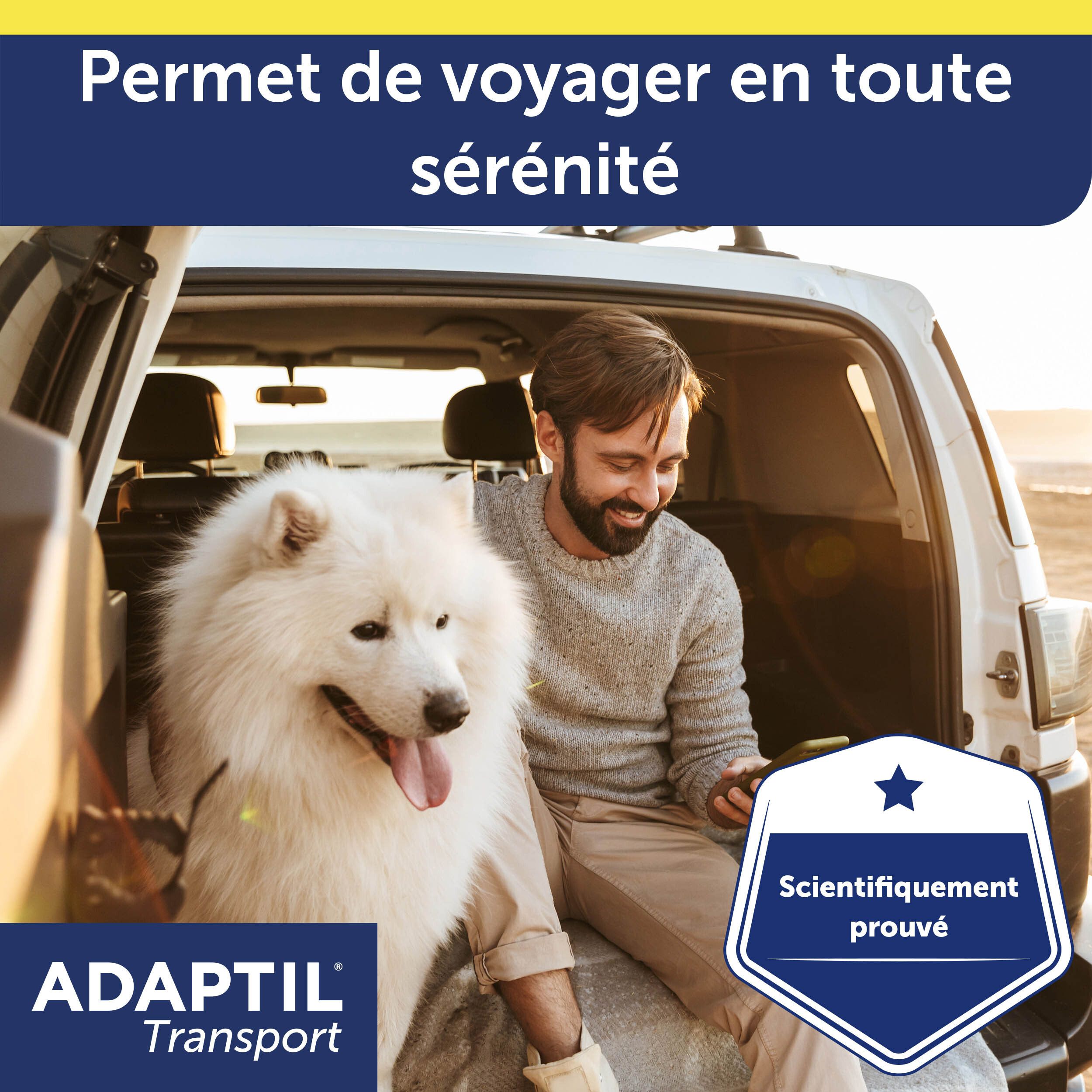 Homme et chien dans une voiture. Logo du spray ADAPTIL® Transport. Scientifiquement prouvé.
