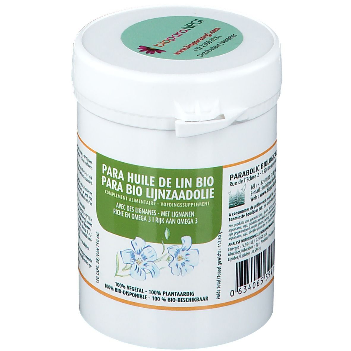 Boîte blanche avec couvercle vert et étiquette. Inscription: Para Huile de Lin Bio, Para Bio Lijnzaadolie. 150 gélules.