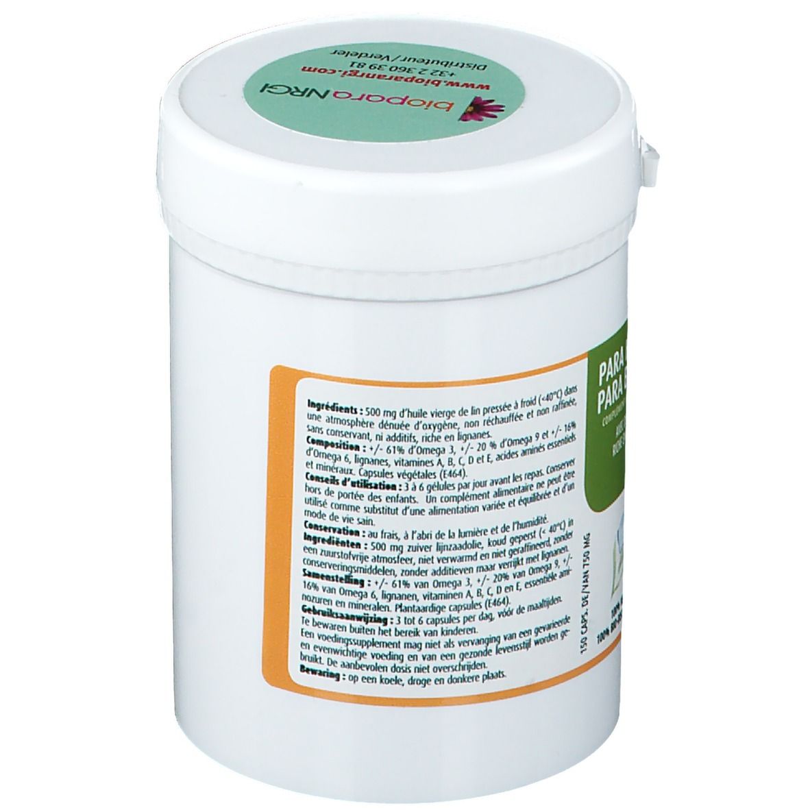 Boîte blanche avec couvercle vert. Étiquette avec ingrédients et texte. Inscription: 150 Caps. DE/VAN 750 MG.