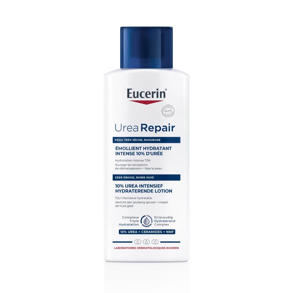 Eucerin UreaRepair lotion. Witte fles met blauwe dop. Tekst: UreaRepair, 10% Urea.