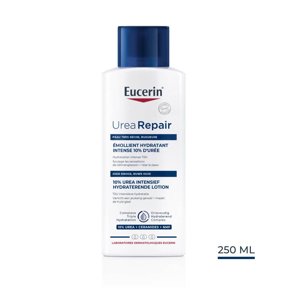 Eucerin UreaRepair lotion. Witte fles met blauwe dop. Tekst: 250 ml.