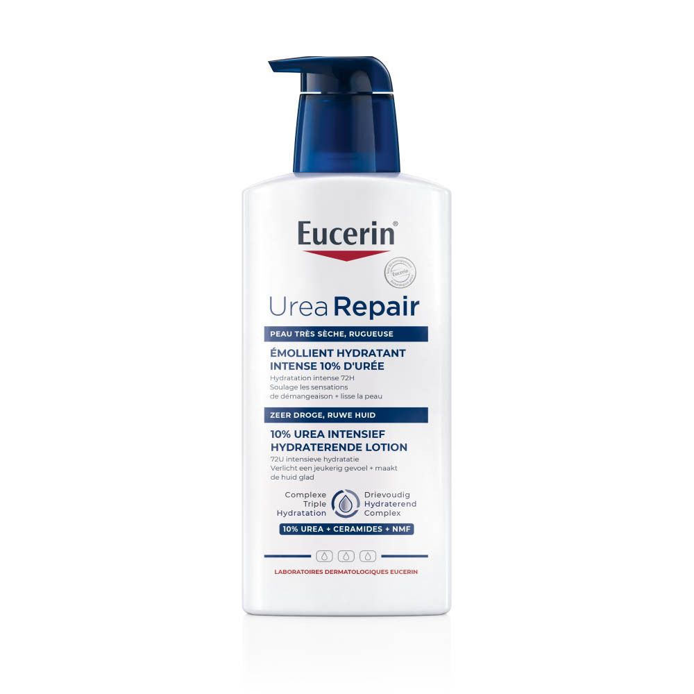 Flacon Eucerin UreaRepair. Pompe bleue. Texte. Pour peaux très sèches.