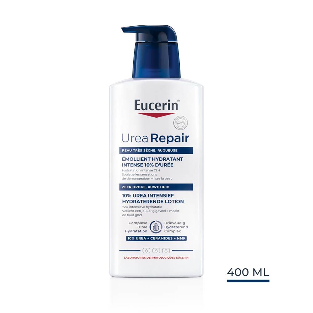 Eucerin UreaRepair lotion. Witte fles met blauwe pomp. 400 ml.