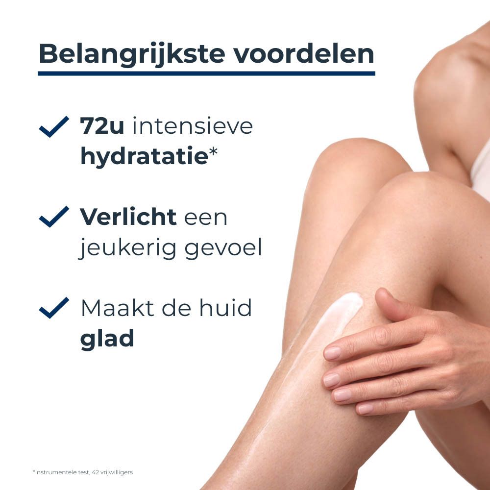 Benen met lotion. Intense hydratatie 72u. Verlicht jeuk.