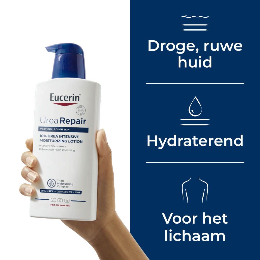 Hand houdt Eucerin UreaRepair lotion vast. Voor droge huid, hydraterend.