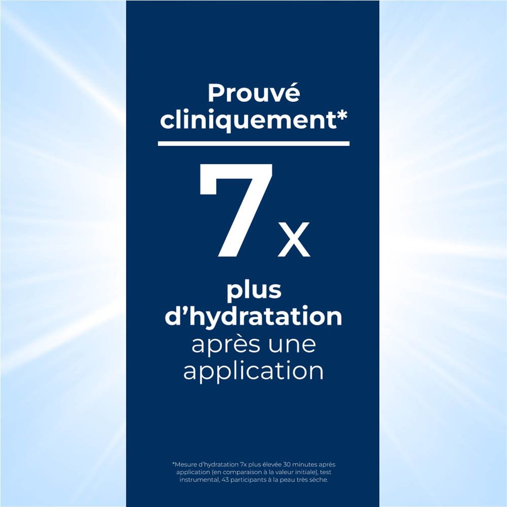 Texte: 7x plus d'hydratation après une application. Cliniquement prouvé.
