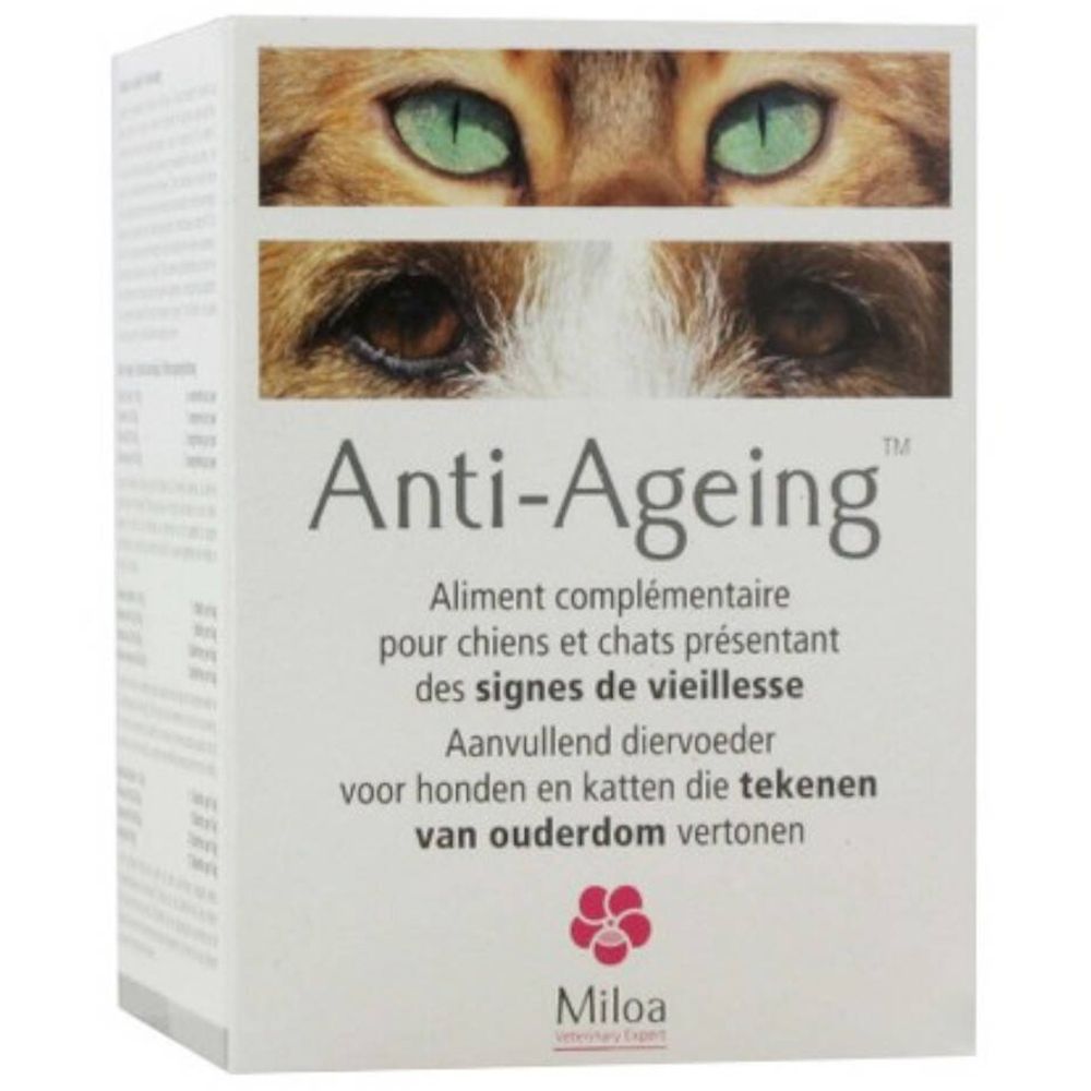 Boîte blanche avec texte "Anti-Ageing" et yeux de chat et chien. Marque Miloa.