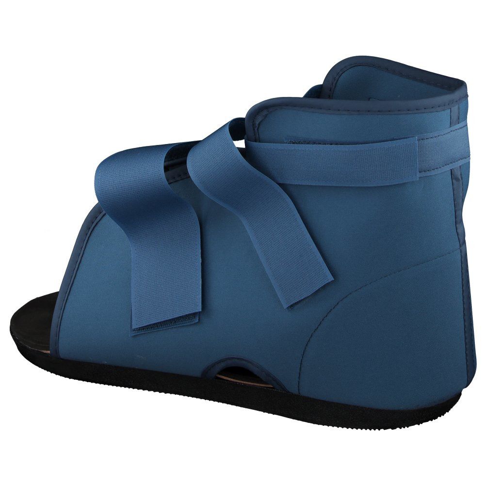 Blauer Gehschuh, Seitenansicht. Schwarze Sohle, offene Zehenpartie. Zwei Riemen und ein Knöchelriemen.