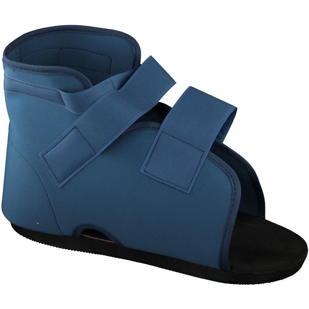 Blauer Gehschuh mit Klettverschlüssen. Offene Zehenpartie, schwarze Sohle. Zwei breite Riemen über dem Fußrücken.