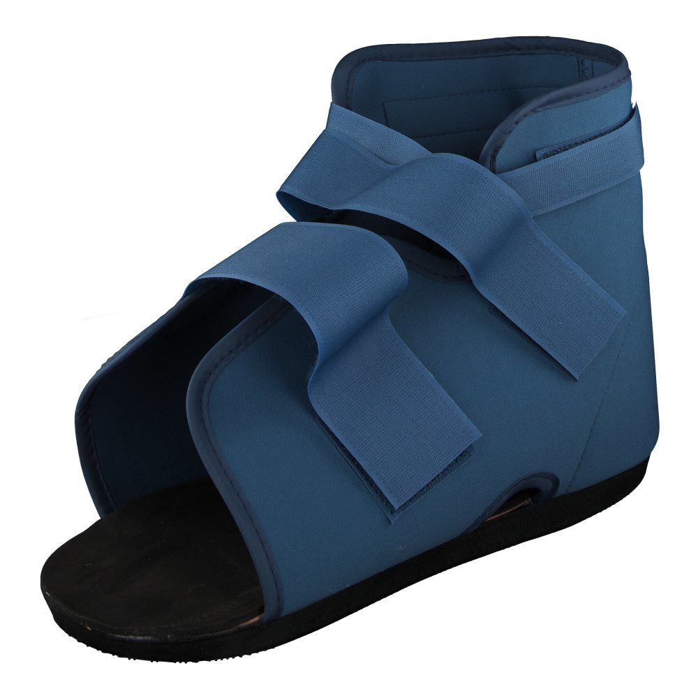 Blauer Gehschuh mit Klettverschlüssen. Offene Zehenpartie, schwarze Sohle. Zwei breite Riemen über dem Fußrücken.