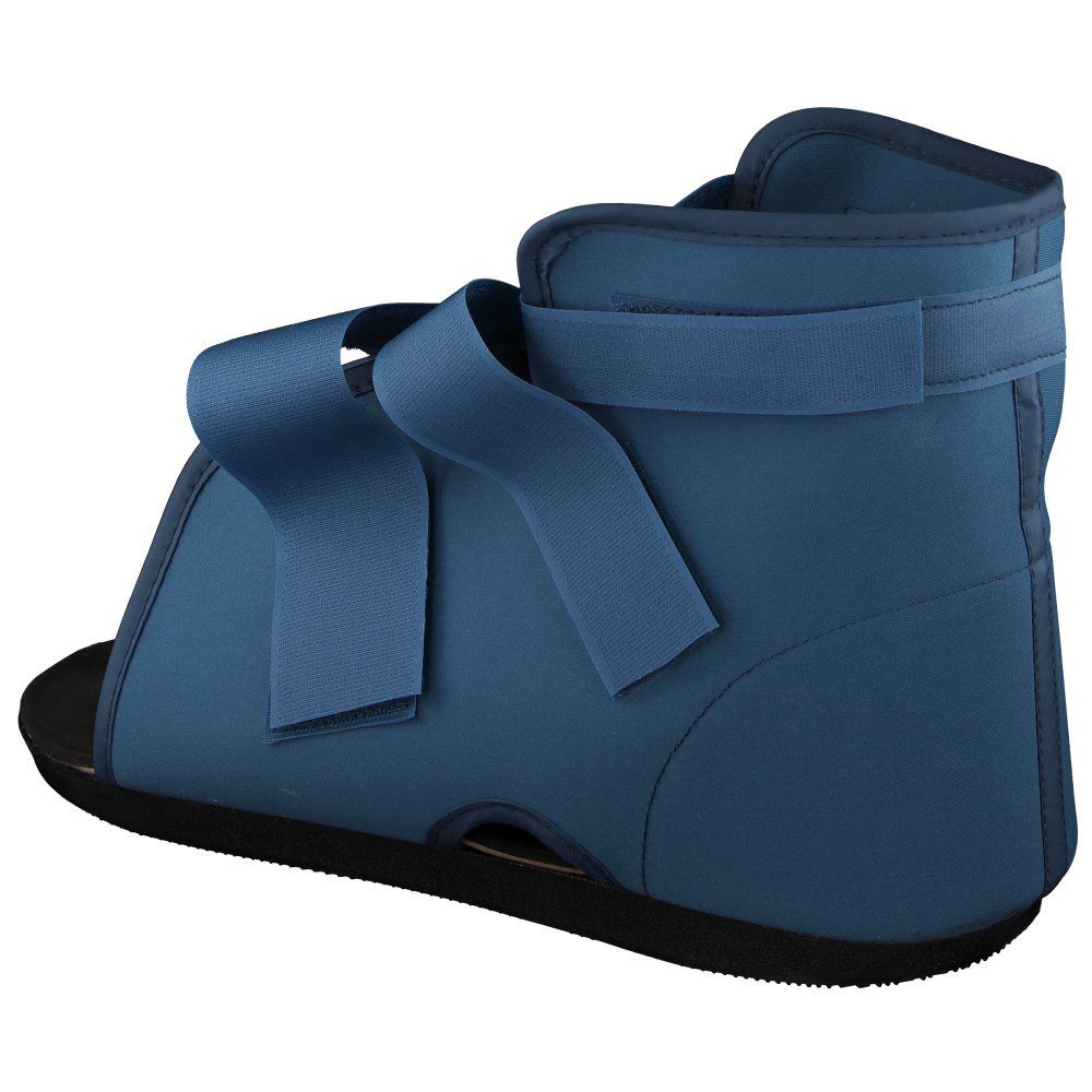 Blauer Gehschuh, Seitenansicht. Klettverschlüsse, offene Zehenpartie, schwarze Sohle. Gepolstertes Material.