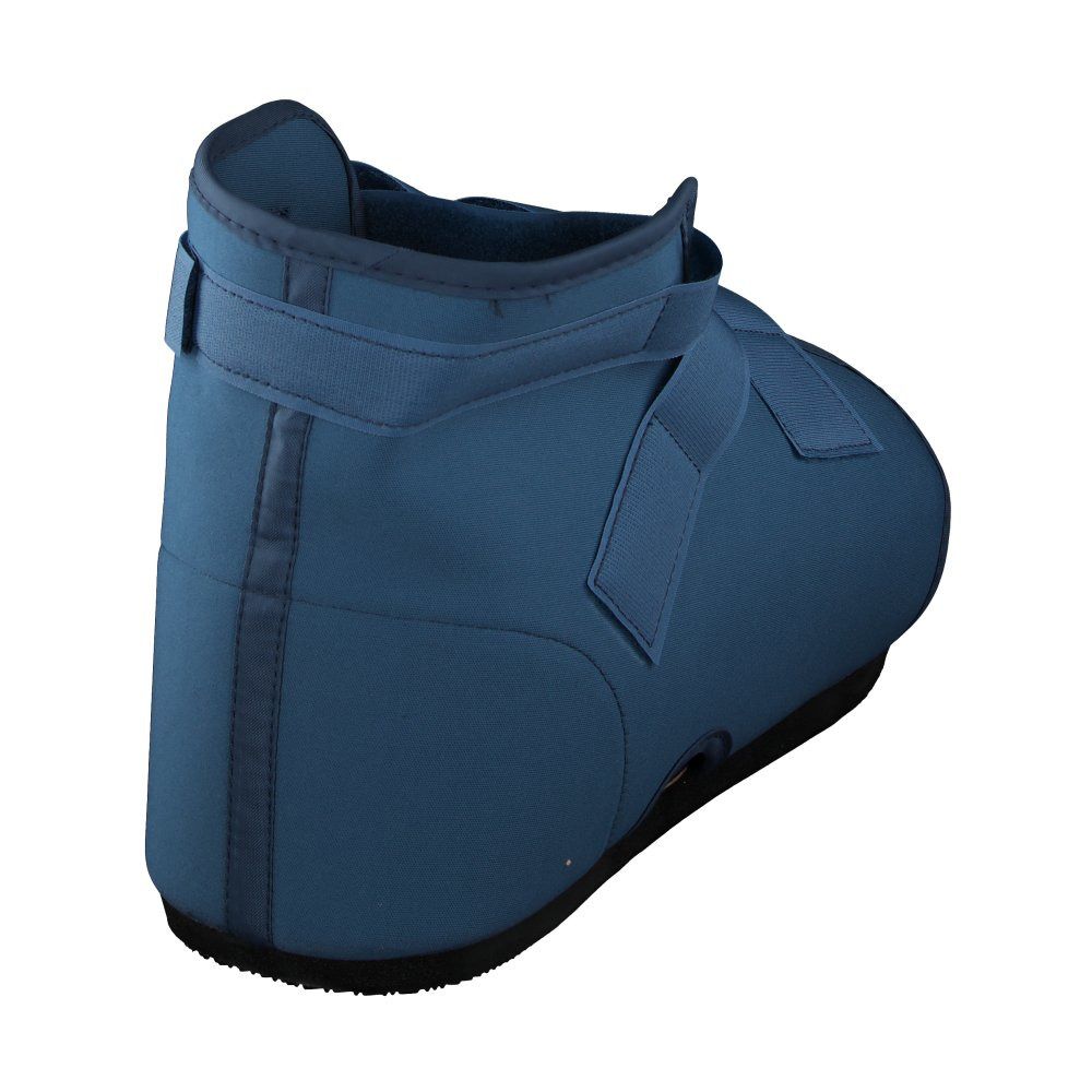 Blauer Gehschuh, Rückansicht. Klettverschluss am Schaft, schwarze Sohle. Gepolstertes Material.