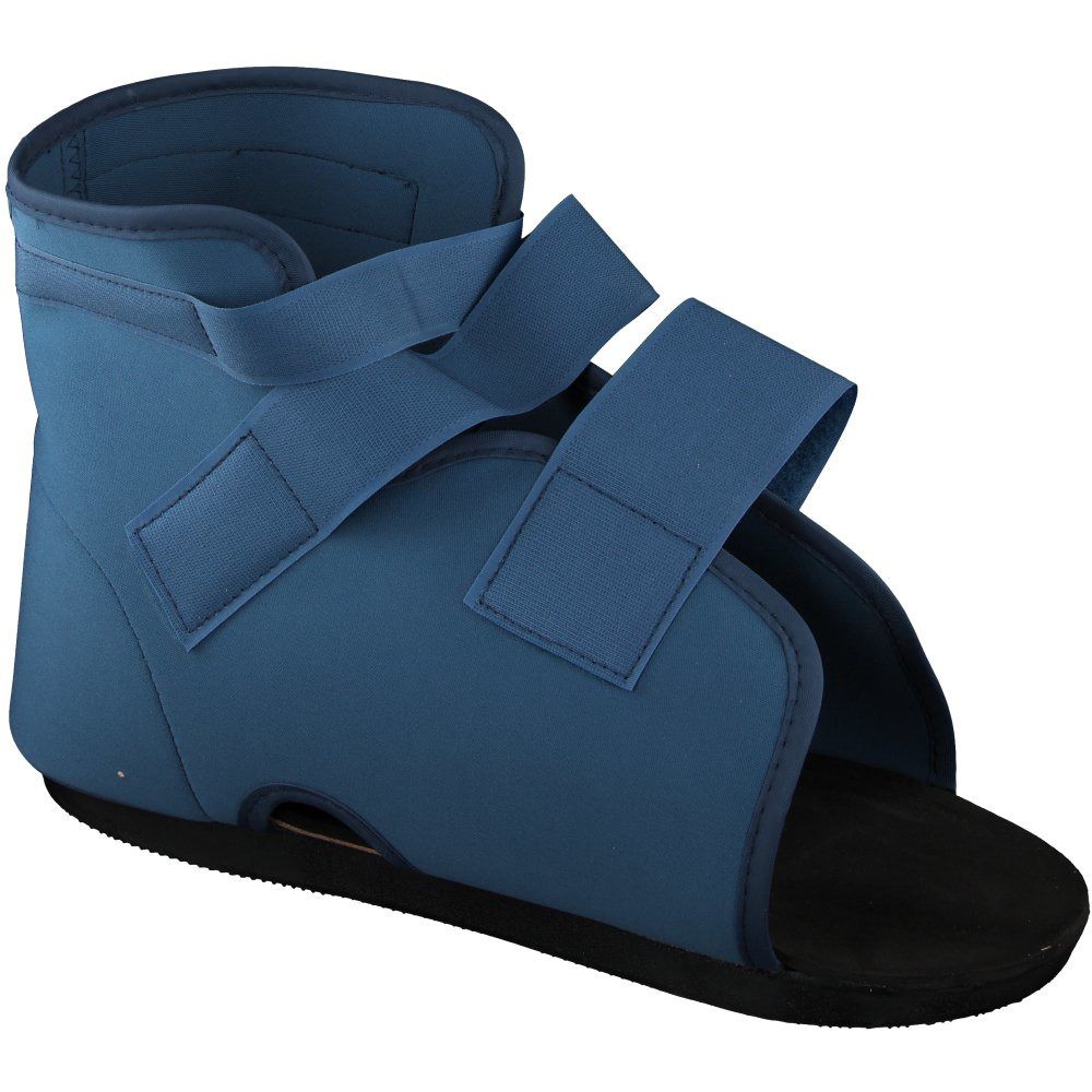 Blauer Gehschuh mit Klettverschlüssen. Offene Zehenpartie, schwarze Sohle. Gepolstertes Material.