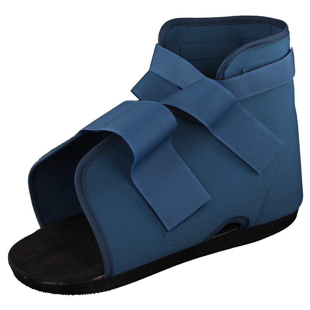 Blauer Gehschuh mit Klettverschlüssen. Offene Zehenpartie, schwarze Sohle. Gepolstertes Material.