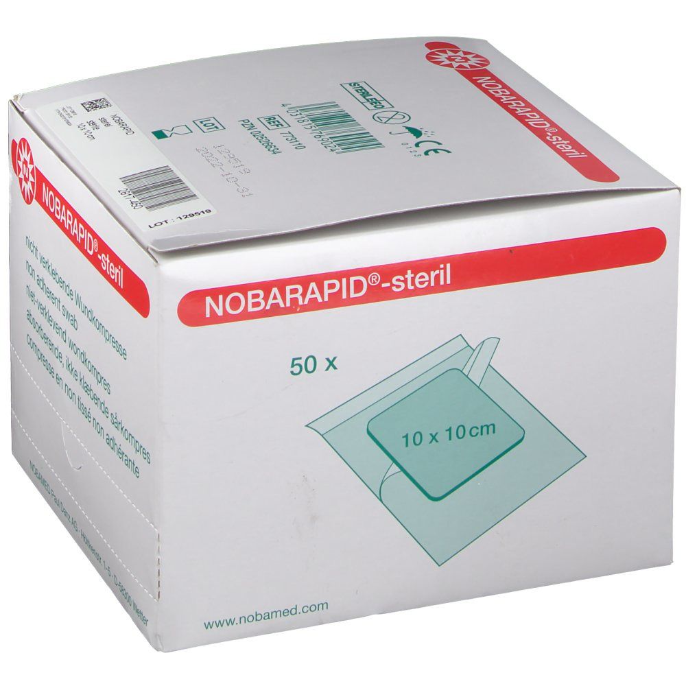 Verpakking van NOBARAPID®-steril. Opdruk: 50 x. Zichtbaar: kompres 10 x 10 cm. Opdruk: niet-verklevend wondkompres.