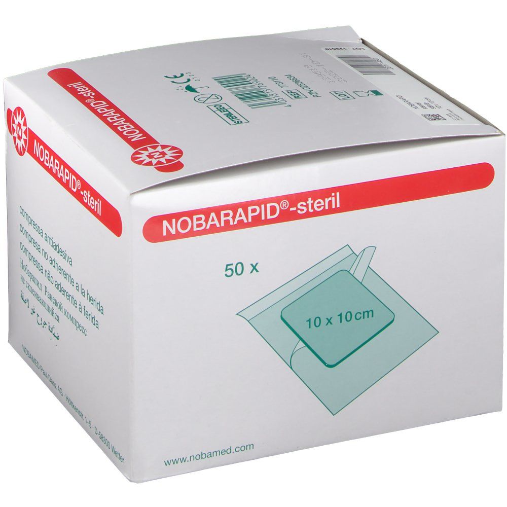 Verpakking van NOBARAPID®-steril. Opdruk: 50 x. Zichtbaar: kompres 10 x 10 cm. Opdruk: niet-verklevend wondkompres.
