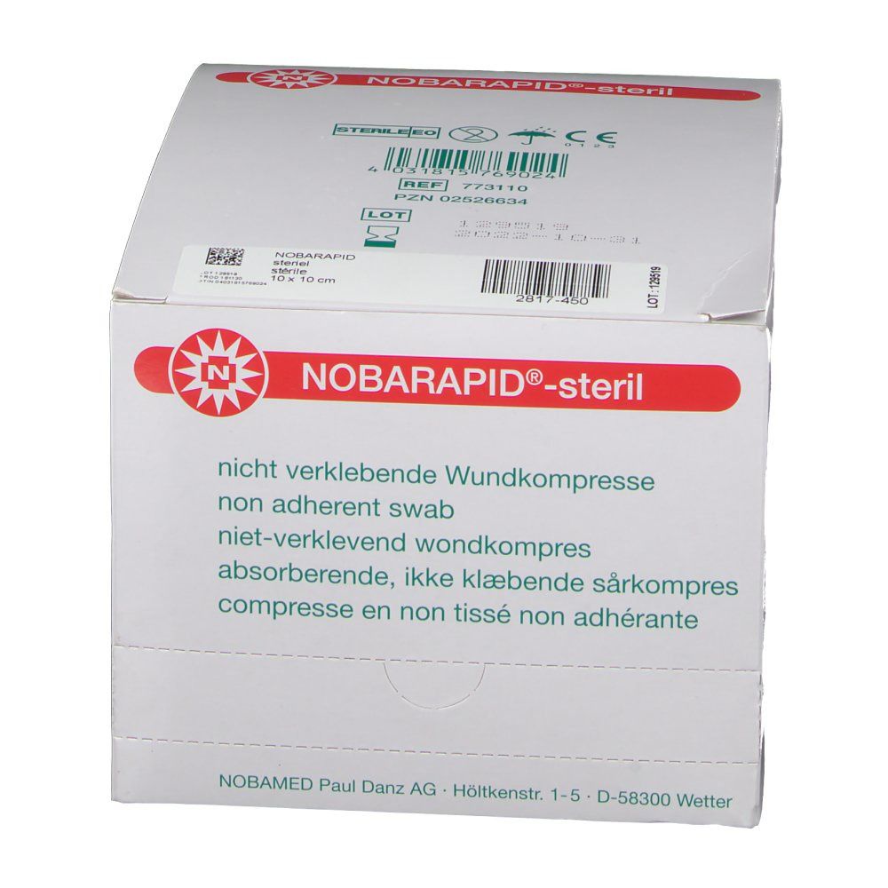 Verpakking van NOBARAPID®-steril. Opdruk: niet-verklevend wondkompres. Bevat 50 stuks. Zichtbaar: kompres 10 x 10 cm.