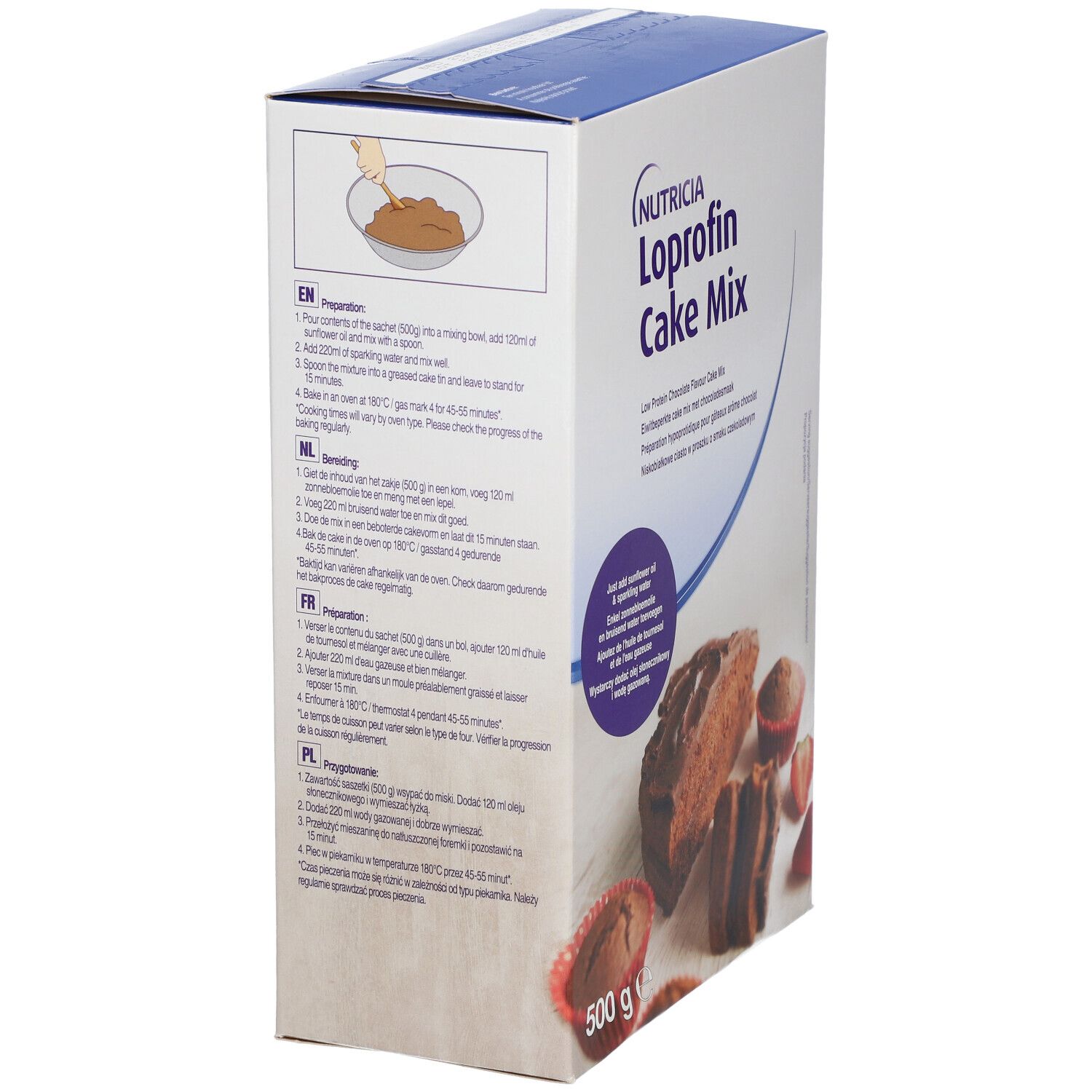 Boîte Loprofin Cake Mix, avec instructions de préparation. Marque : Nutricia. 500g. Gâteaux et muffins représentés.