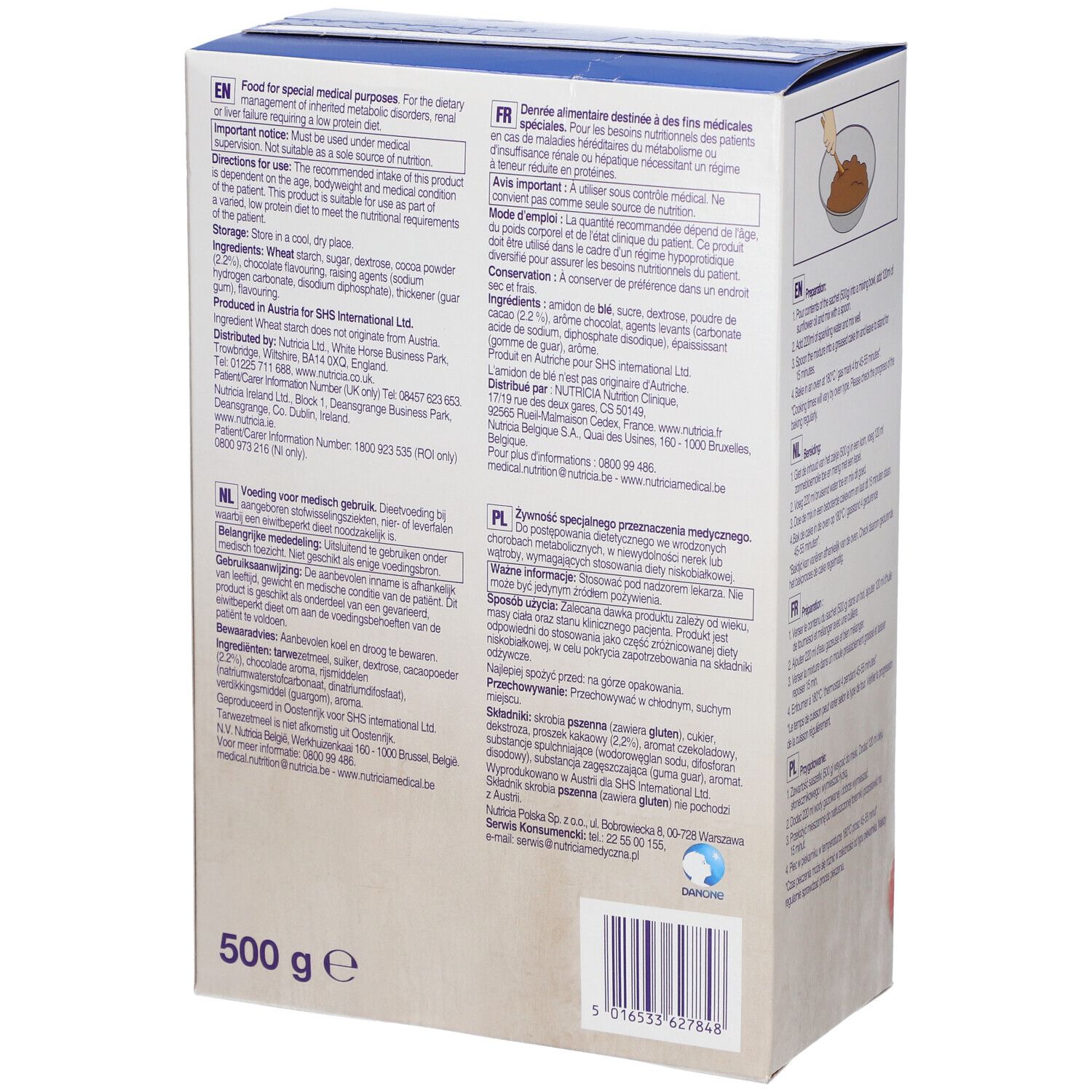 Boîte Loprofin Cake Mix, dos avec informations. 500g. Marque : Nutricia. Pour usages médicaux.