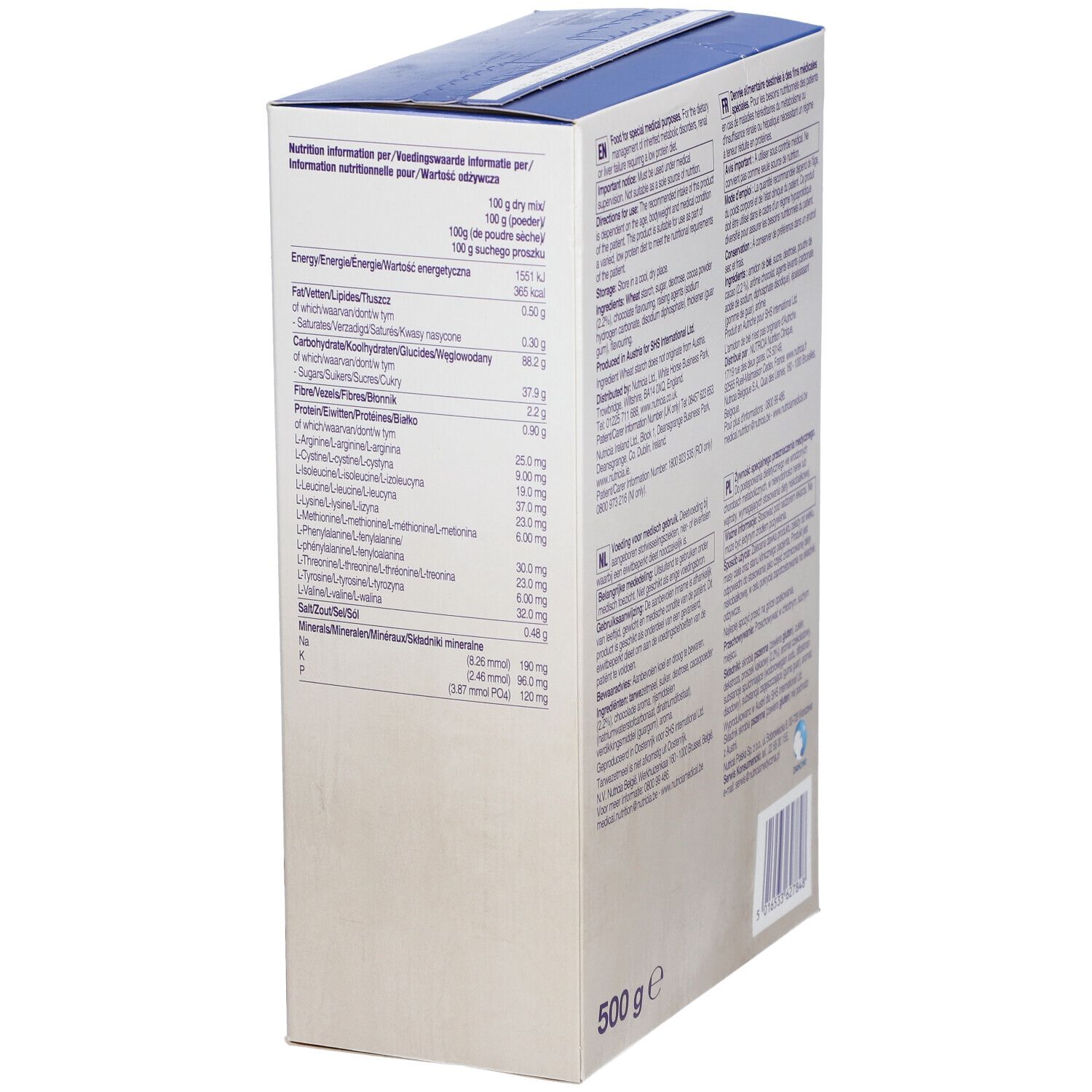 Boîte Loprofin Cake Mix, dos avec informations nutritionnelles. 500g. Marque : Nutricia. Pour usages médicaux.