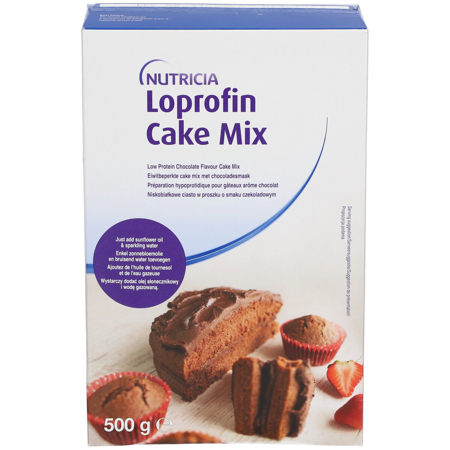 Boîte Loprofin Cake Mix, goût chocolat. Gâteaux et muffins représentés. 500g. Marque : Nutricia.