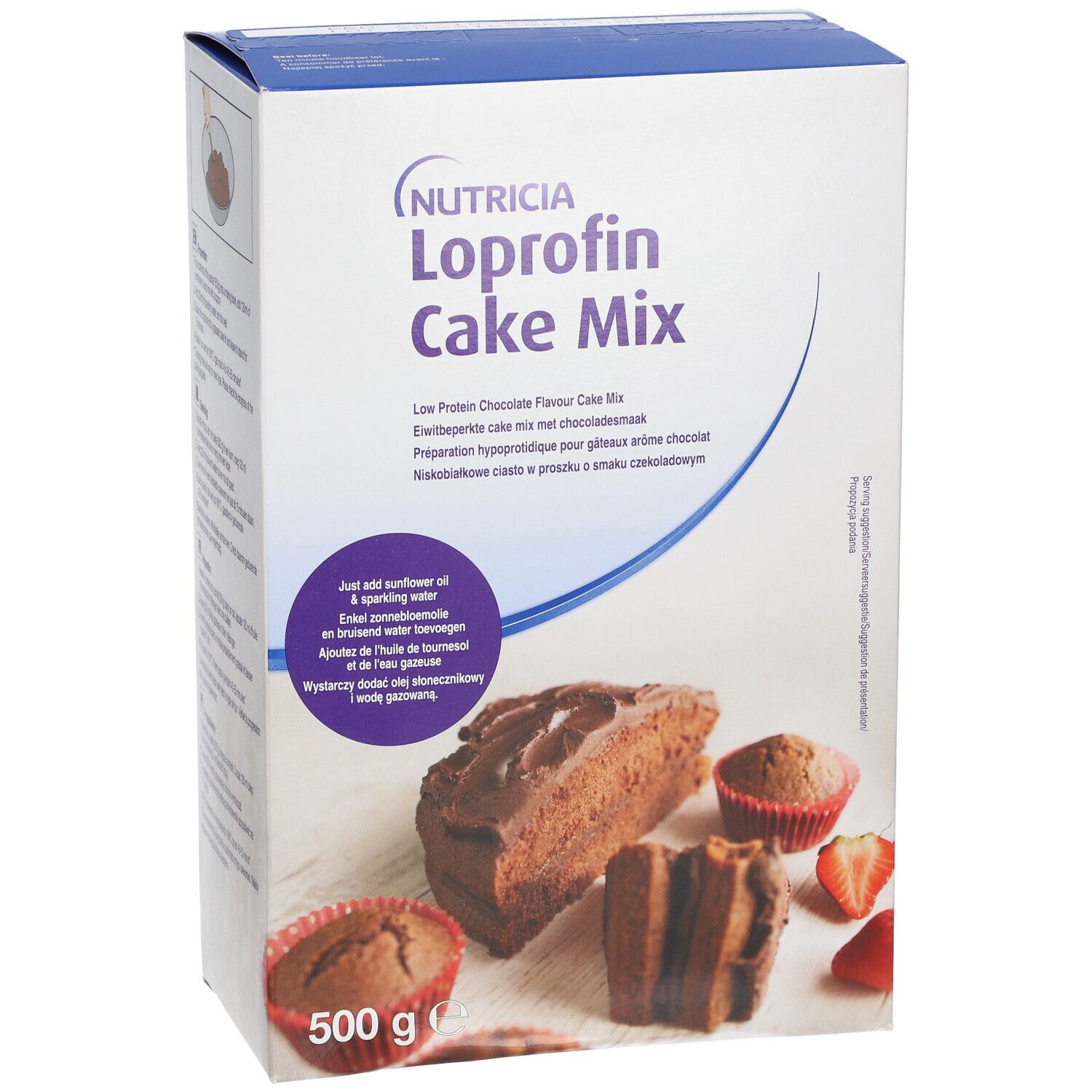 Boîte Loprofin Cake Mix, goût chocolat. Gâteaux et muffins représentés. 500g. Marque : Nutricia.