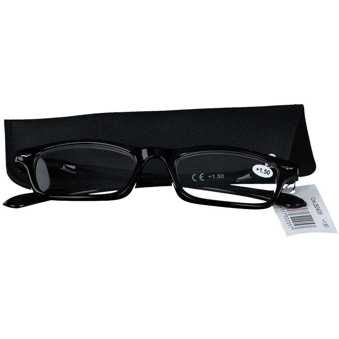 Lunettes de lecture noires +1,50. Verres rectangulaires, monture noire. Marquage CE. Étui et étiquette.