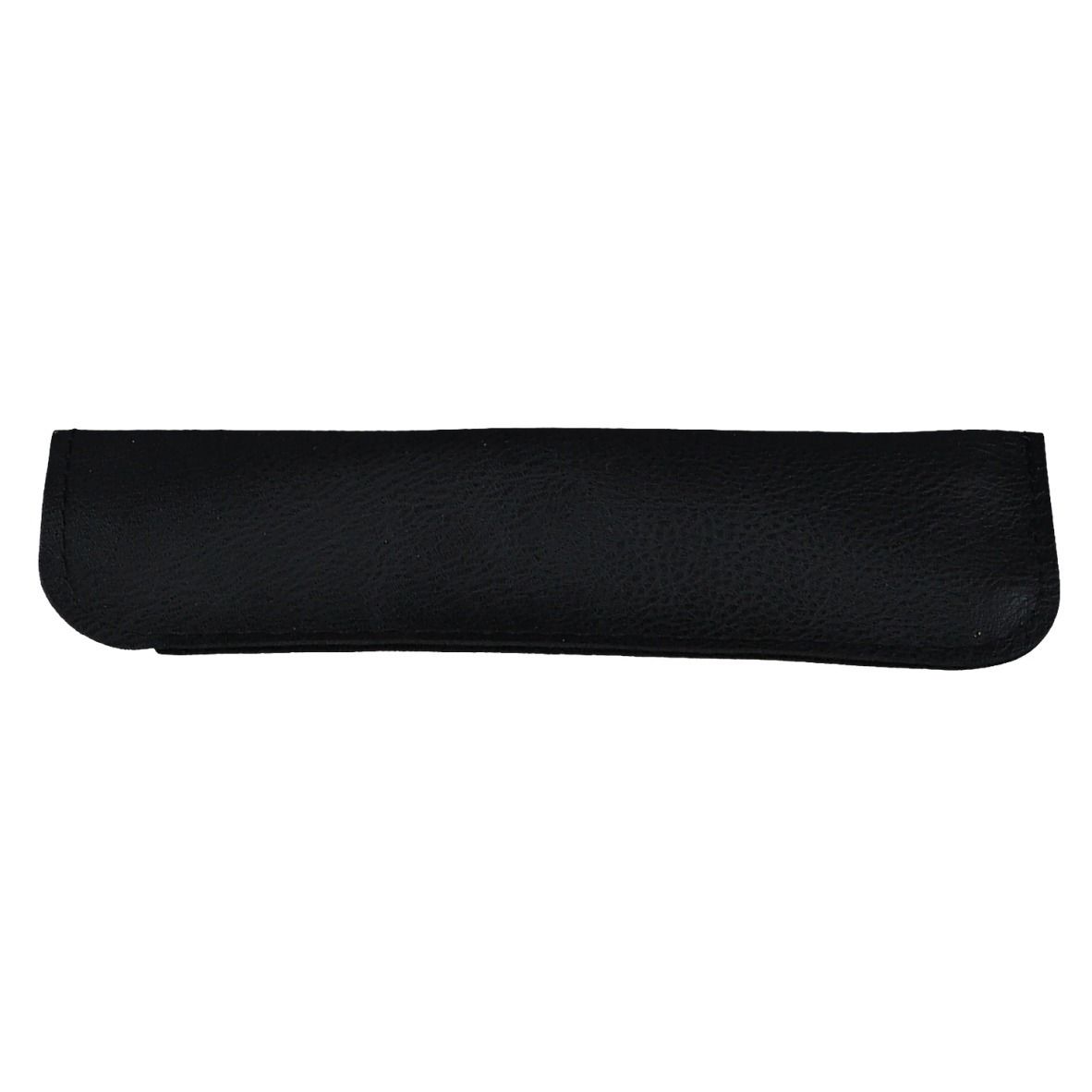 Étui noir allongé en similicuir. Forme fermée, surface lisse. Pour lunettes.