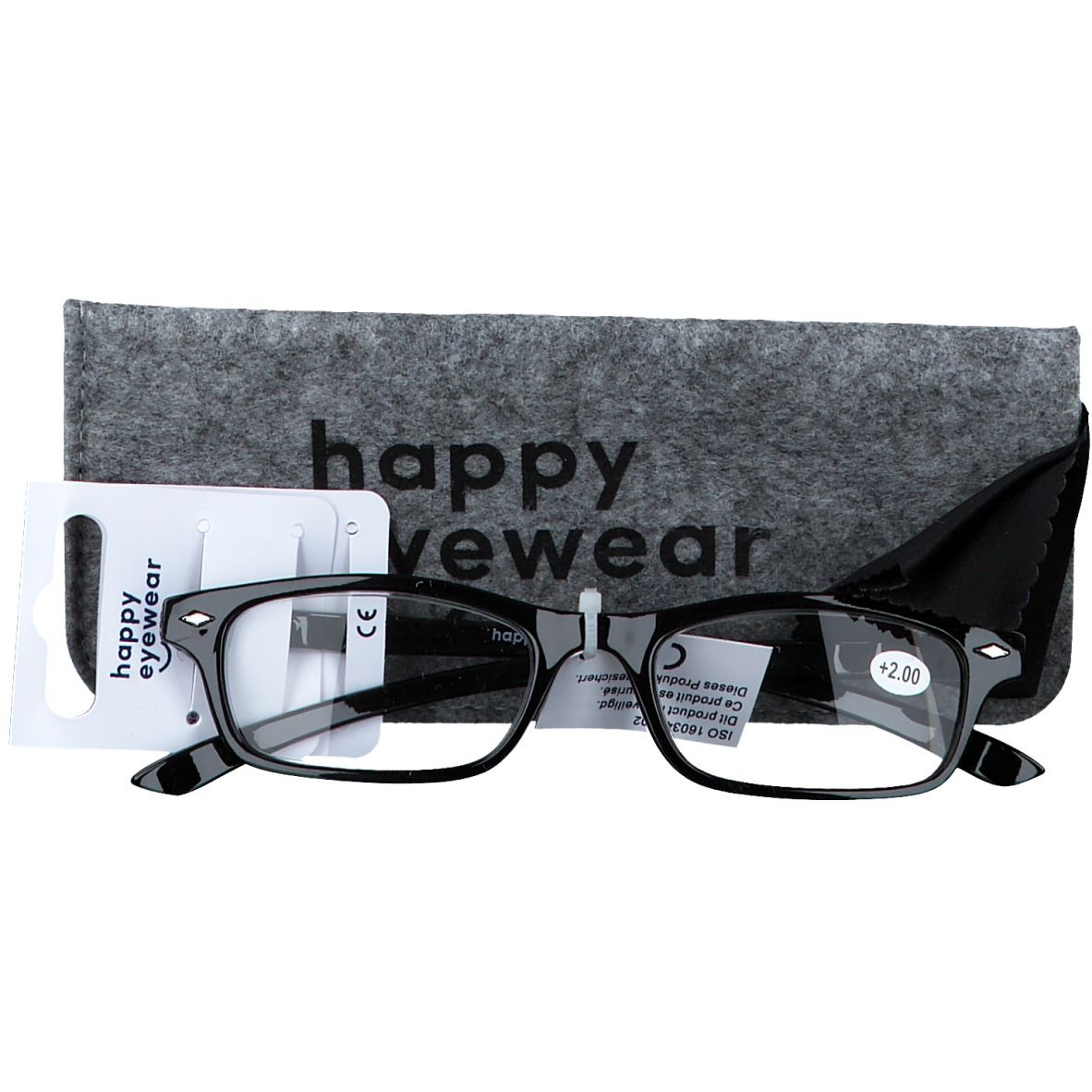 Lunettes noires, étui gris et carte. Verres +2.00. Marque happy eyewear. Marque CE.