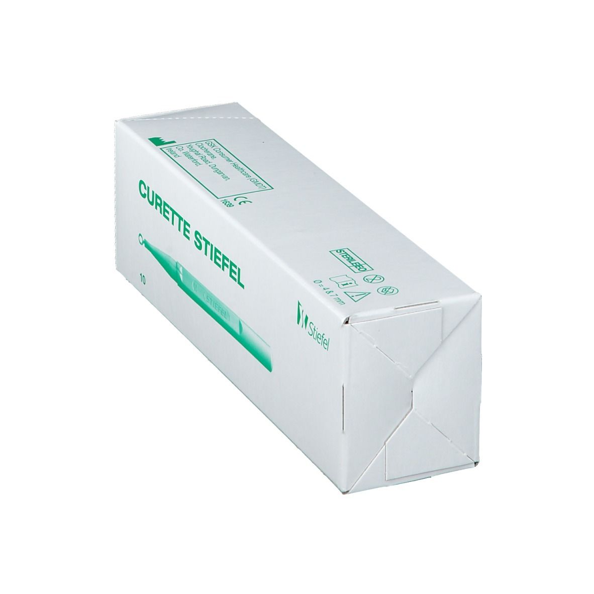 Curette Stiefel-Verpackung. Aufschrift: CURETTE STIEFEL, 10 Stück. Grünes Produkt abgebildet. Stiefel-Logo.