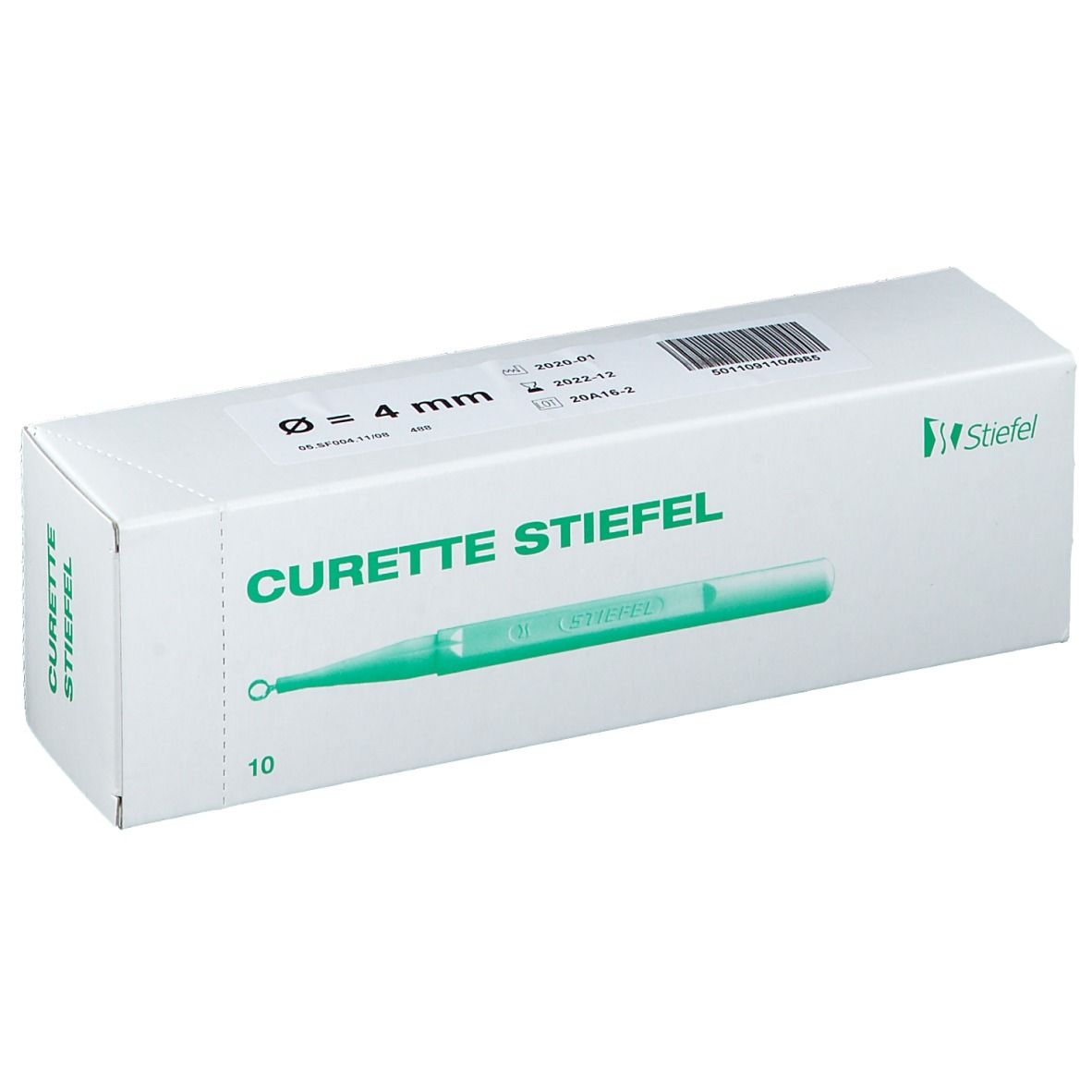 Verpackung Curette Stiefel. Aufschrift: CURETTE STIEFEL, Ø = 4 mm, 10 Stück. Grünes Produkt abgebildet. Stiefel-Logo.