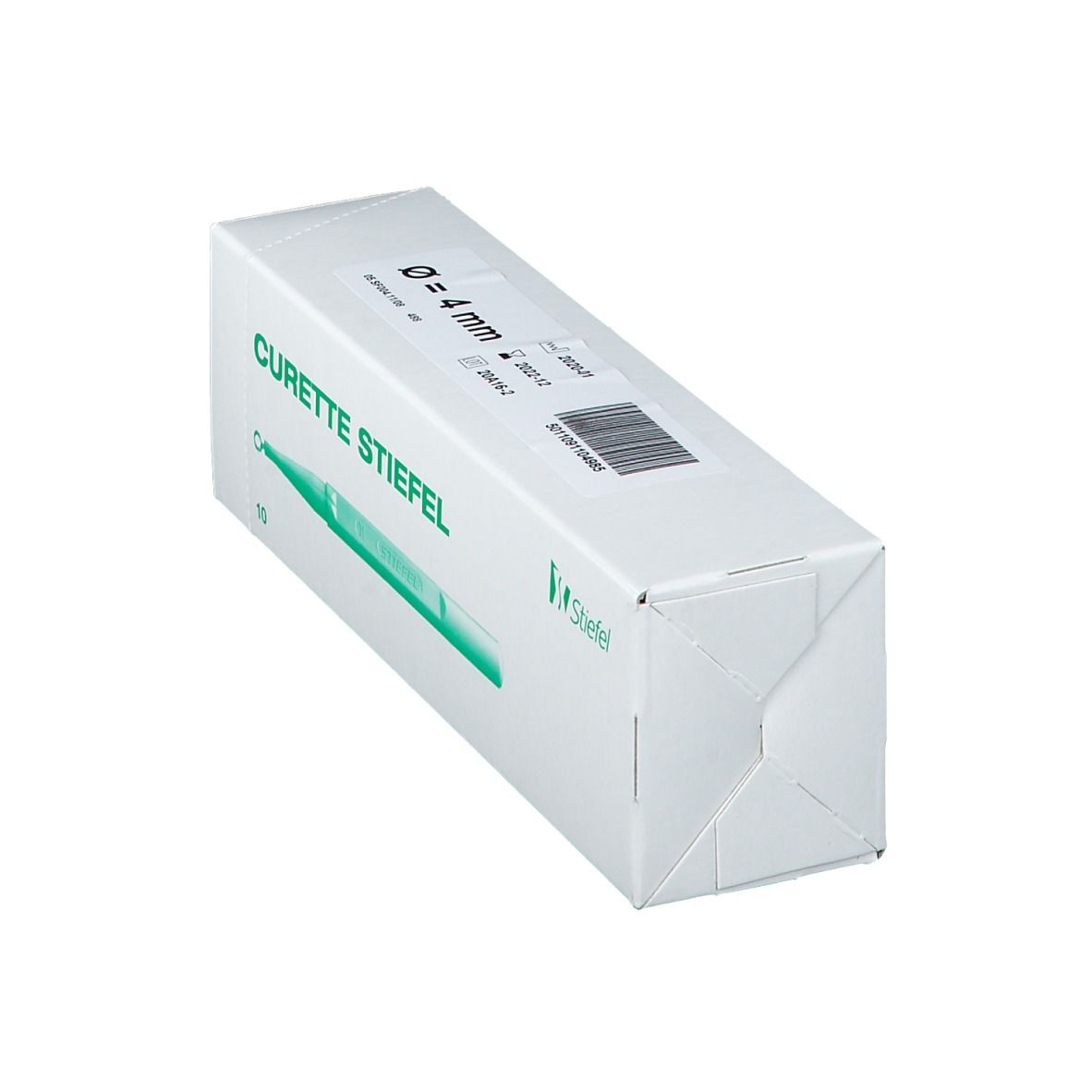 Curette Stiefel-Verpackung. Aufschrift: CURETTE STIEFEL, Ø = 4 mm, 10 Stück. Grünes Produkt abgebildet. Stiefel-Logo.