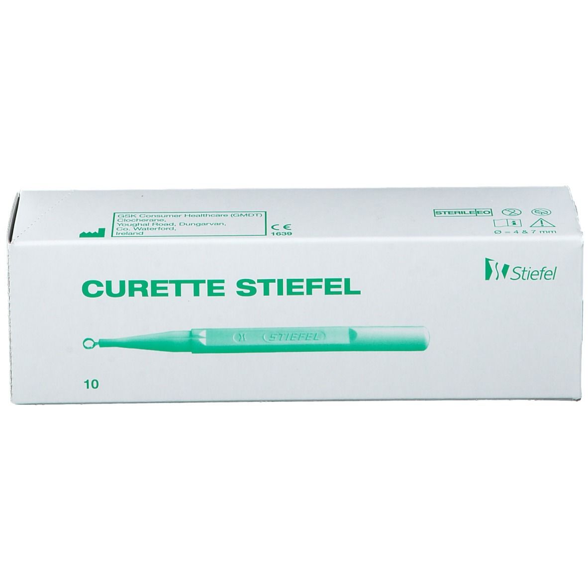 Verpackung Curette Stiefel. Aufschrift: CURETTE STIEFEL, 10 Stück. Grünes Produkt abgebildet. Stiefel-Logo.