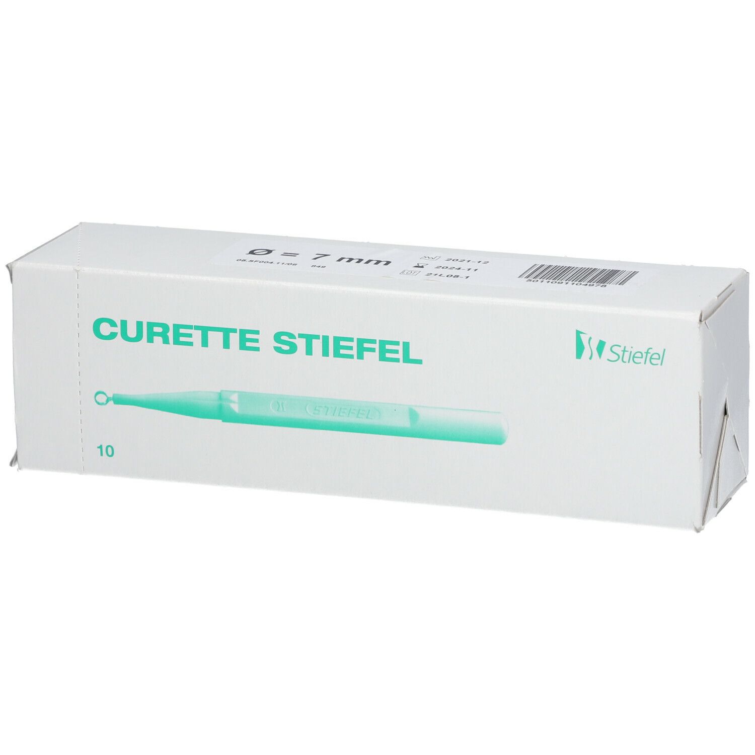 Boîte de Curette Stiefel 7 mm. Impression : diamètre 7 mm, 10 pièces. Logo Stiefel.