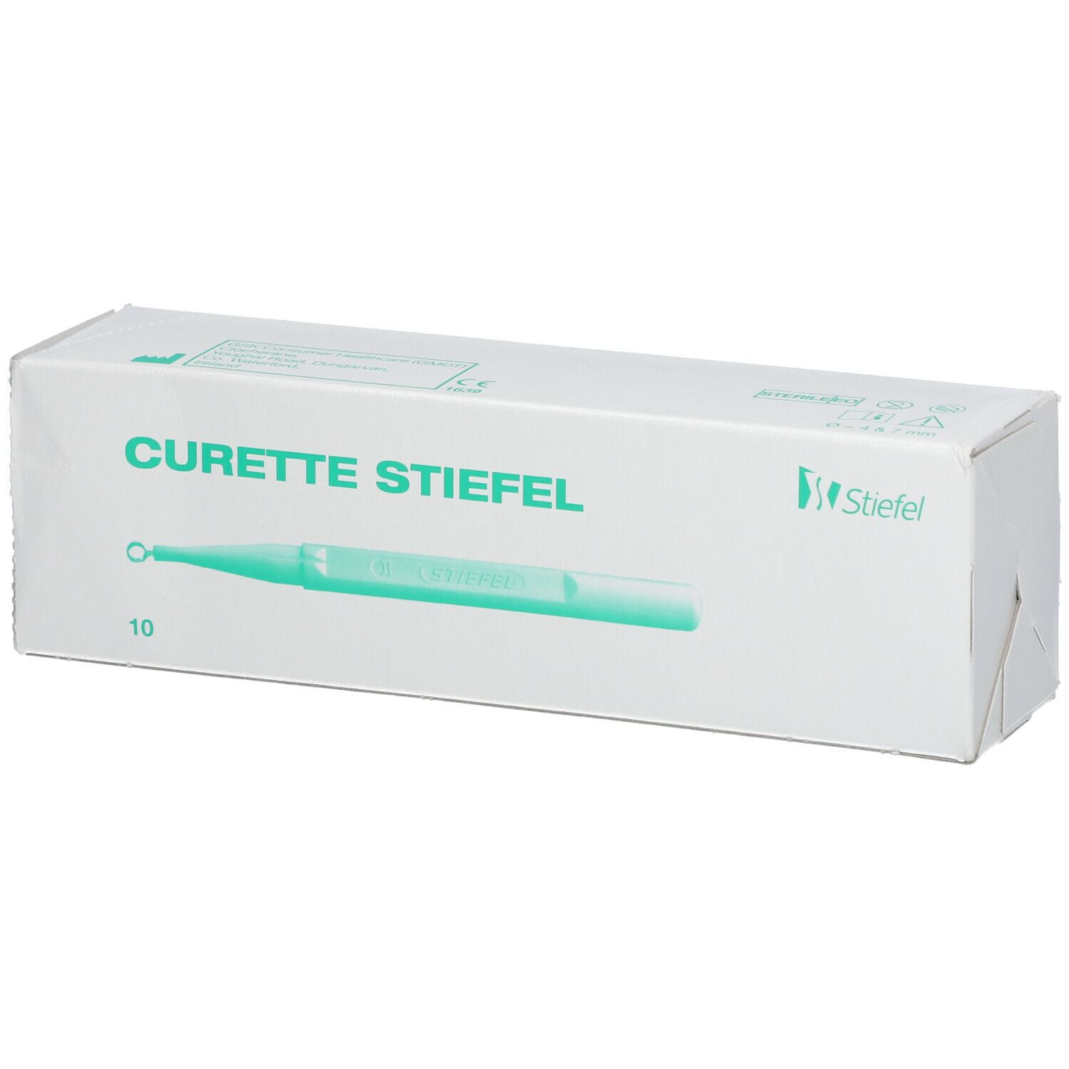 Boîte de Curette Stiefel 7 mm. Impression : diamètre 7 mm, 10 pièces. Logo Stiefel.