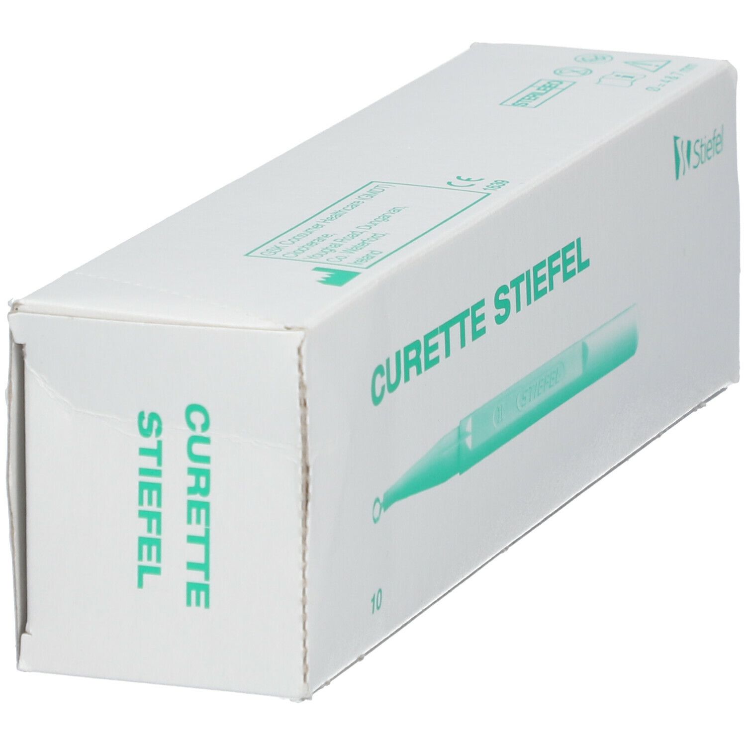Boîte de Curette Stiefel 7 mm. Impression : diamètre 7 mm, 10 pièces. Logo Stiefel.