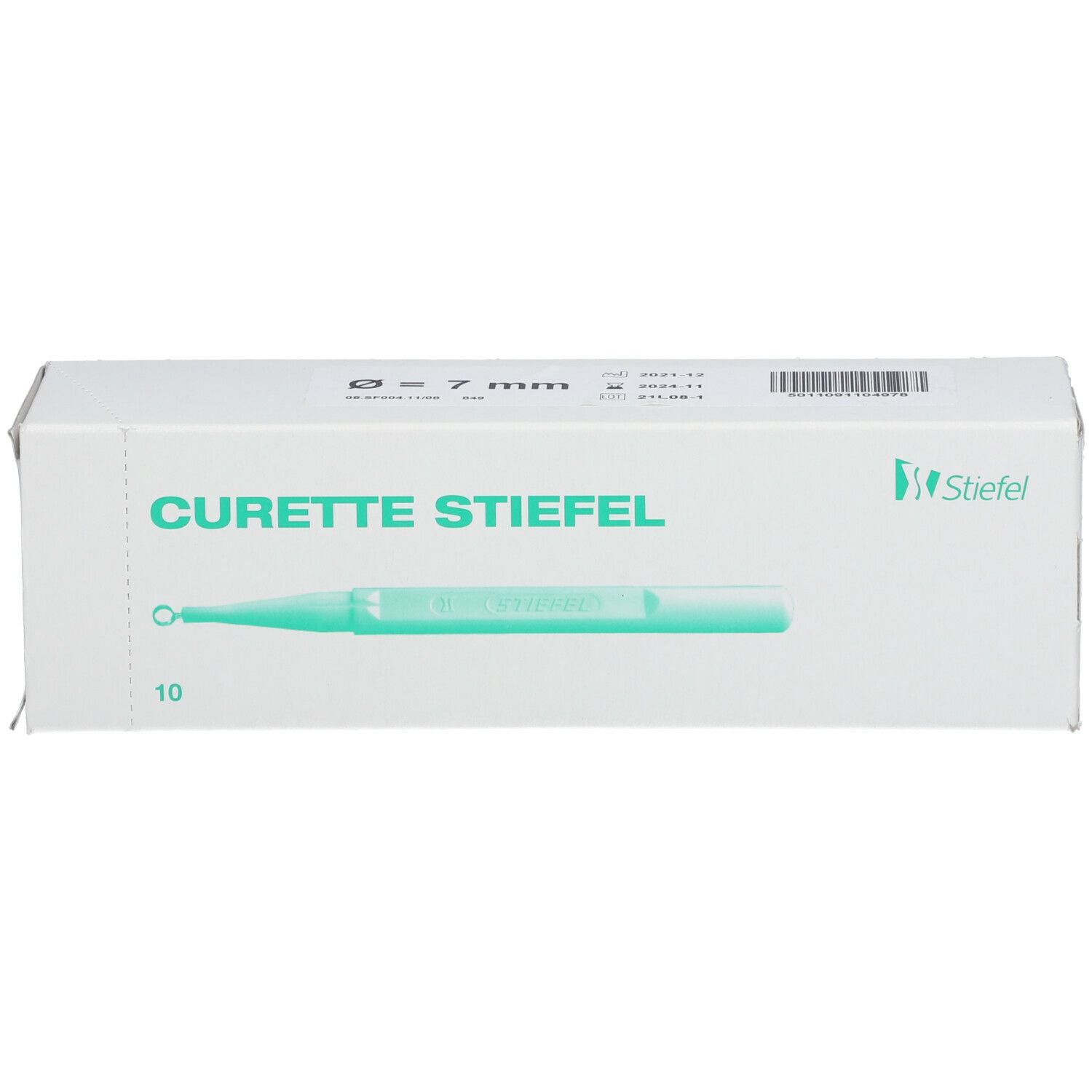Boîte de Curette Stiefel 7 mm. Impression : diamètre 7 mm, 10 pièces. Logo Stiefel.
