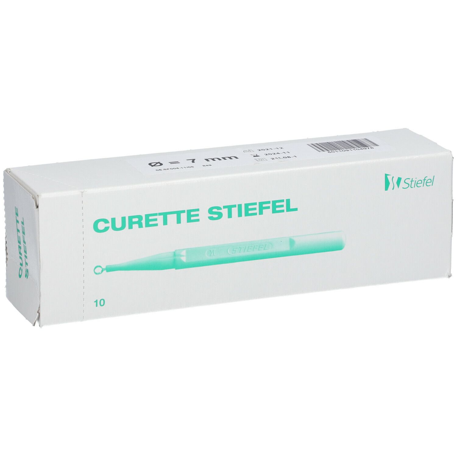 Boîte de Curette Stiefel 7 mm. Impression : diamètre 7 mm, 10 pièces. Logo Stiefel.