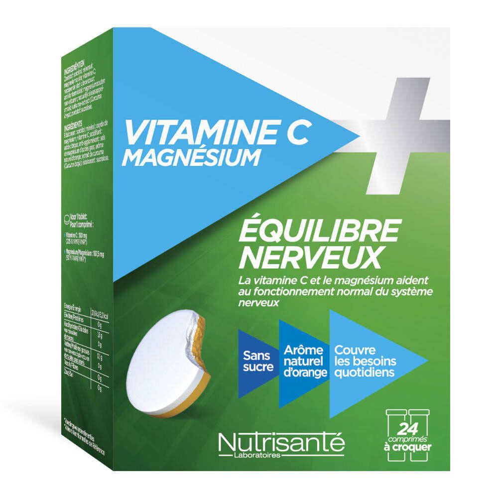 Verpakking van Nutrisanté Vitamine C+Magnésium. Groene en blauwe doos met productnaam en informatie. 24 tabletten.