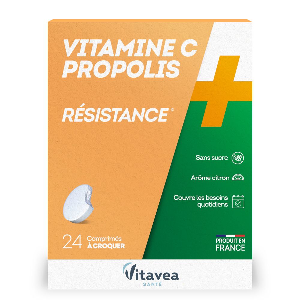 Boîte Nutrisanté Vitamine C+Propolis. 24 comprimés à croquer. Emballage orange et vert avec nom et informations.