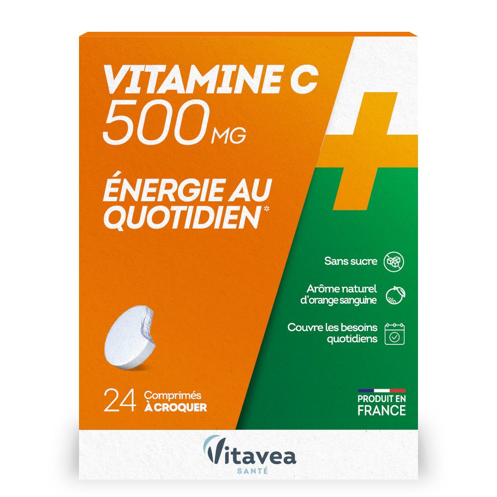 Boîte de Vitamine C 500mg à croquer. Design orange et blanc, informations produit et logo Vitavea Santé.