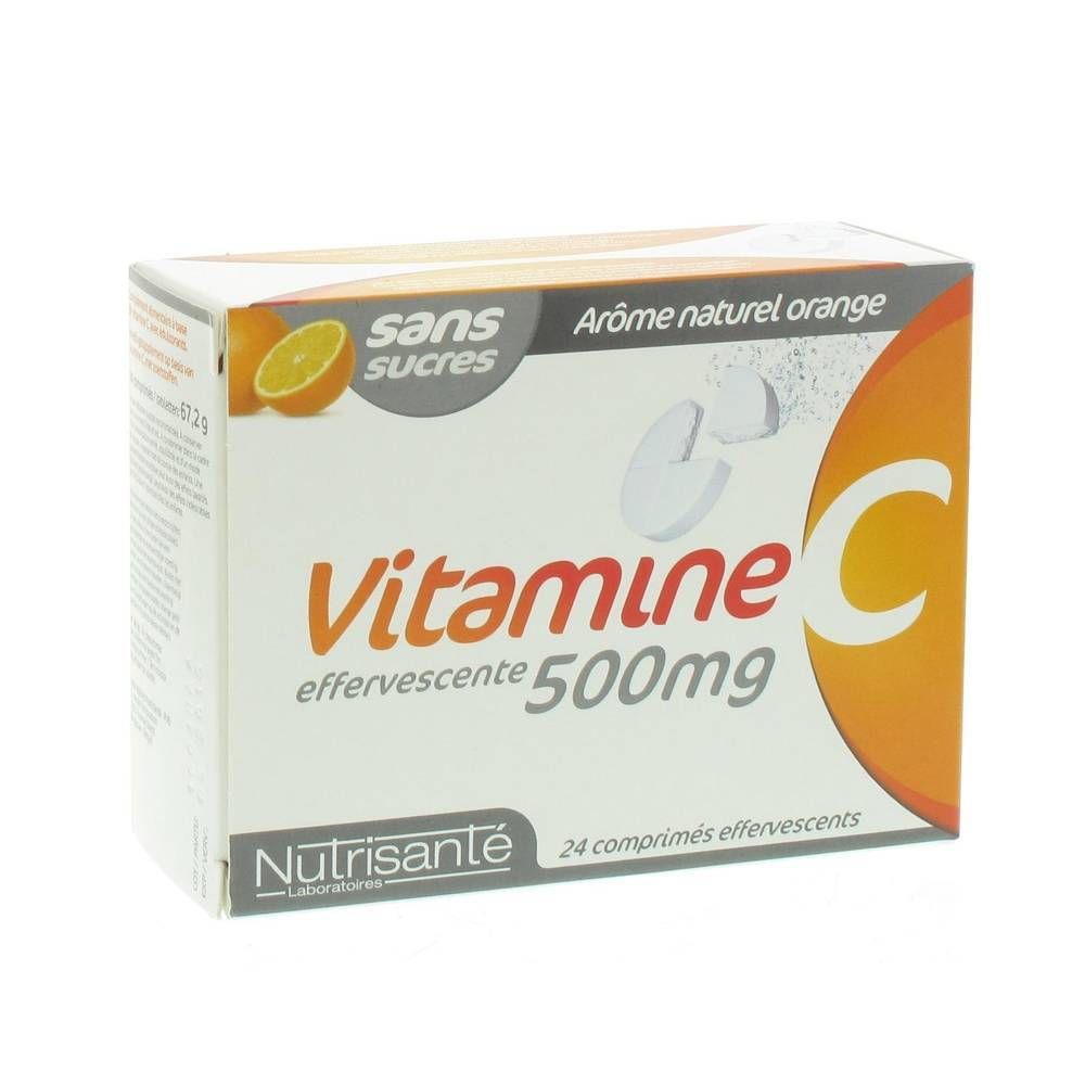 Doosje bruistabletten Vitamine C 500mg. Opschrift: 'Vitamine C bruistabletten 500mg'. Merk: Nutrisanté.