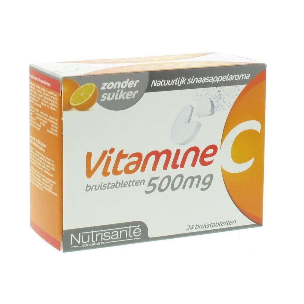 Doosje bruistabletten Vitamine C 500mg. Opschrift: 'Vitamine C bruistabletten 500mg'. Merk: Nutrisanté.