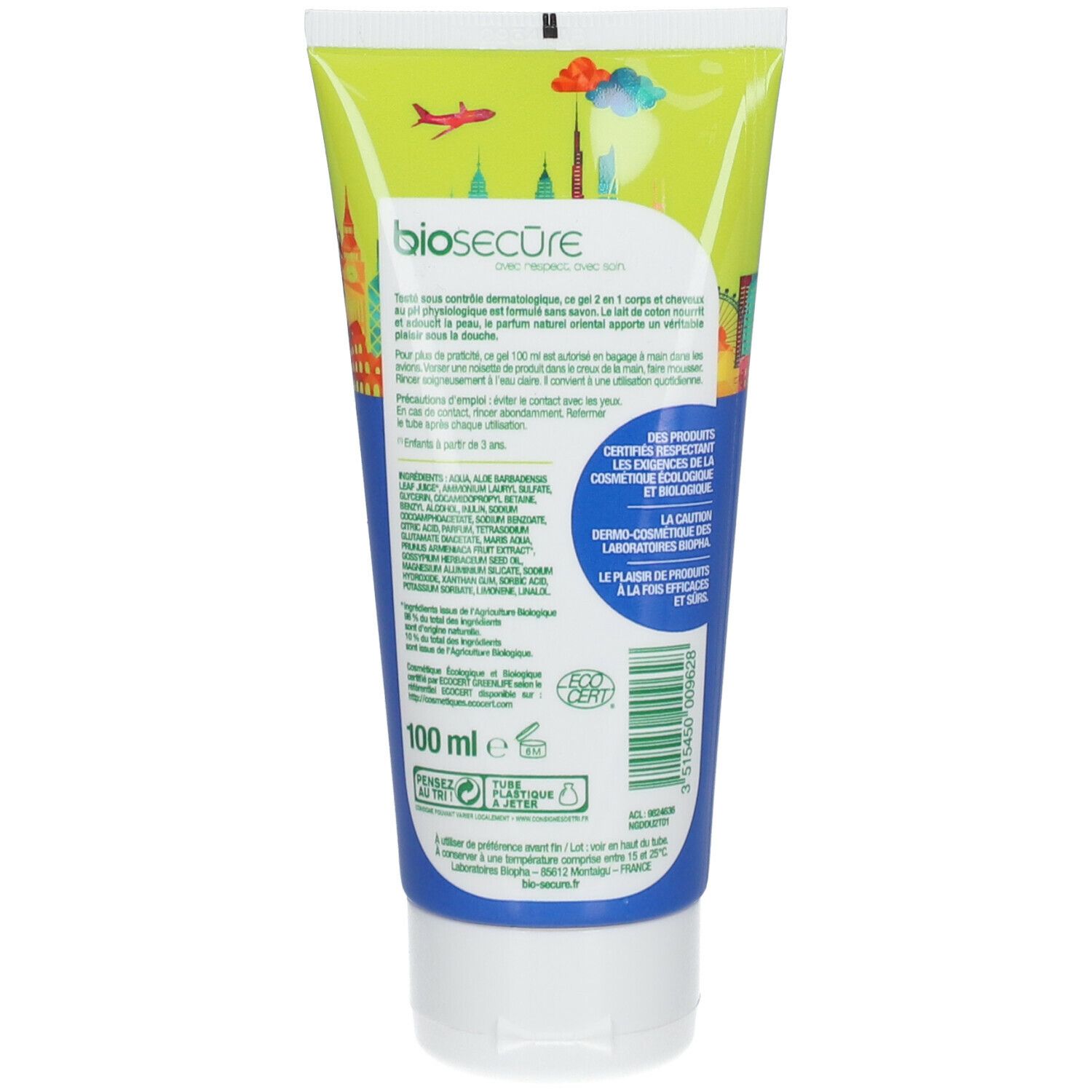 Rückseite des Duschgel-Tubes. Text, Inhaltsstoffe, Bio-Zertifizierung und 100 ml Angabe.