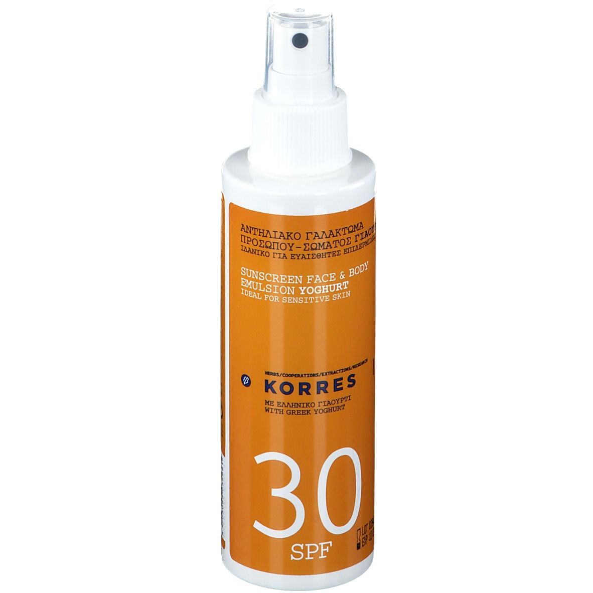 Spray solaire SPF 30. Flacon blanc avec étiquette orange. Texte : KORRES, Yoghurt, SPF 30.
