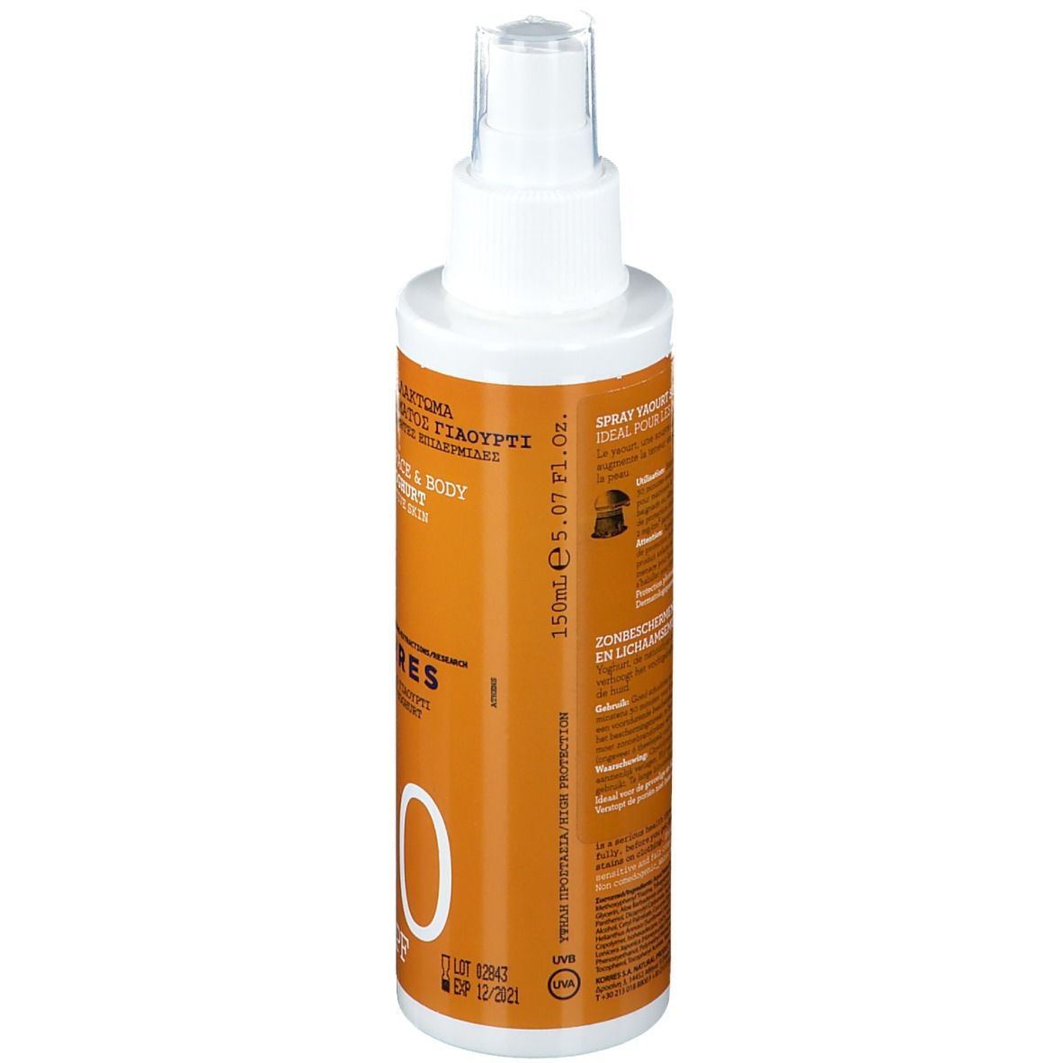Dos du flacon de spray solaire. Flacon blanc avec étiquette orange. Texte : KORRES, Yoghurt, SPF 30, 150ml.