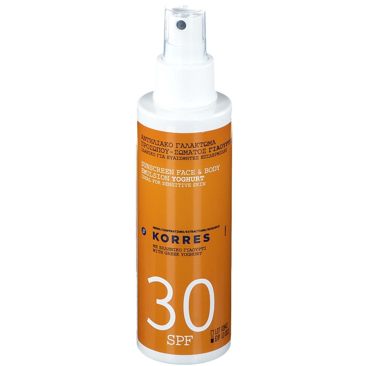 Spray solaire SPF 30. Flacon blanc avec étiquette orange. Texte : KORRES, Yoghurt, SPF 30.