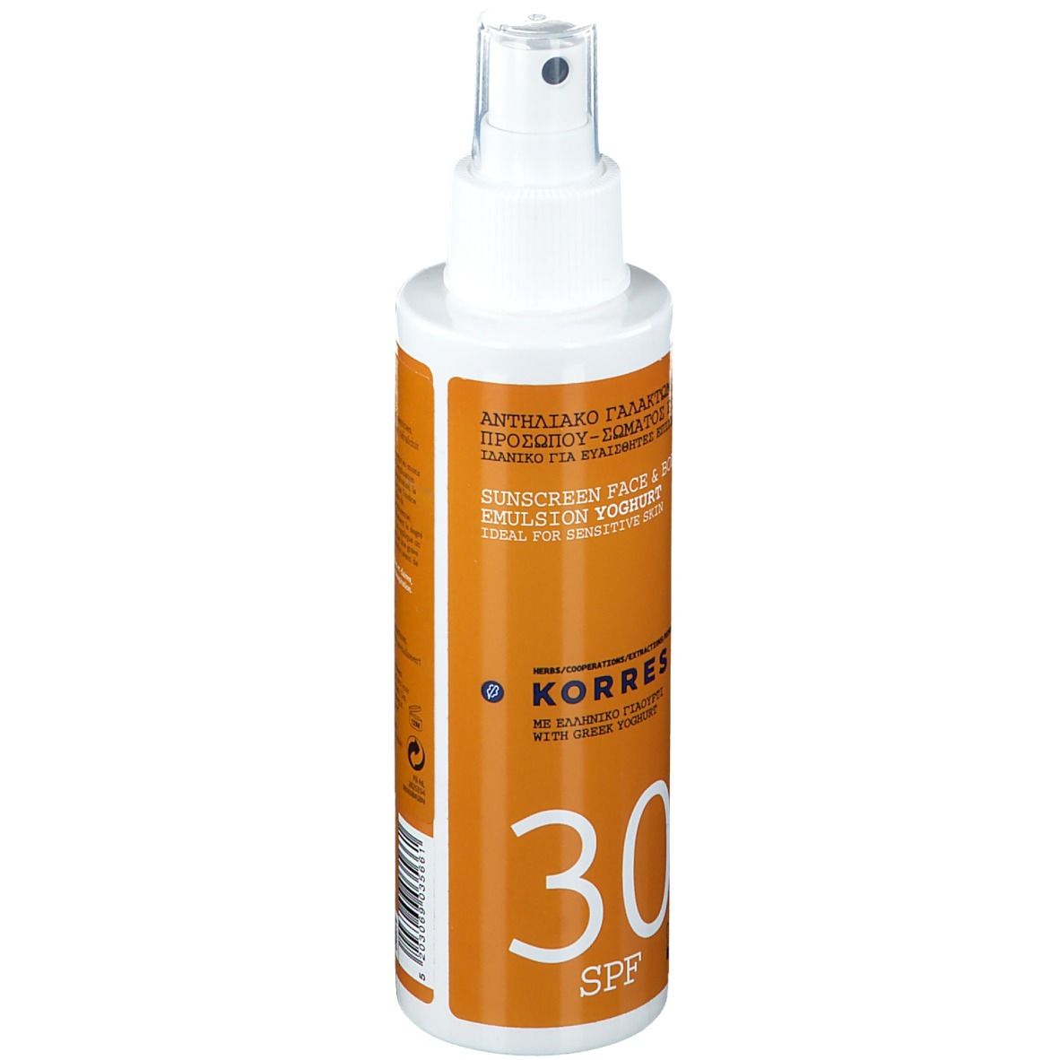 Spray solaire SPF 30. Flacon blanc avec étiquette orange. Texte : KORRES, Yoghurt, SPF 30.