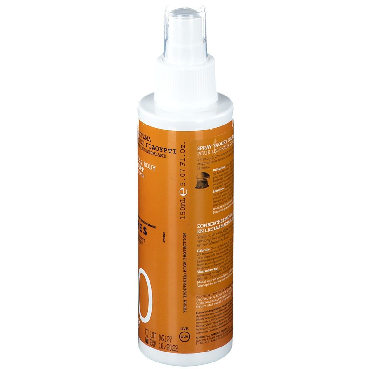 Dos de la bouteille de spray solaire. Étiquette orange avec texte. Contient des informations sur la protection solaire.